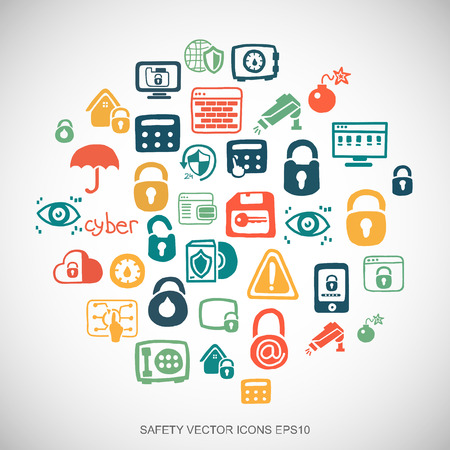 Security Multicolor doodles flat Hand Drawn Security Icons set In A Circle on White background.のイラスト素材
