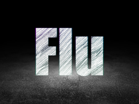Health concept: Glowing text Flu in grunge dark room with Dirty Floor, black backgroundの写真素材