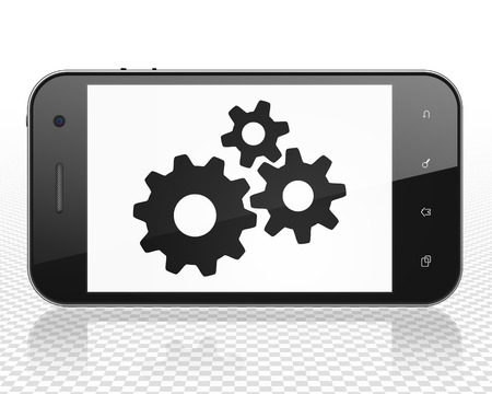 Advertising concept: Smartphone with black Gears icon on display, 3D renderingの写真素材
