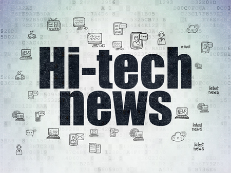 News concept: Painted black text Hi-tech News on Digital Data Paper background with  Hand Drawn News Iconsの写真素材