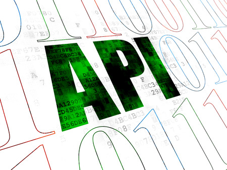 Software concept: Pixelated green text Api on Digital wall background with Binary Code