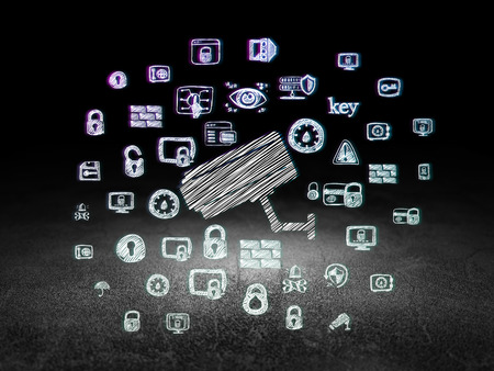 Privacy concept: Glowing Cctv Camera icon in grunge dark room with Dirty Floor, black background...