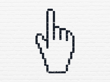 Social network concept: Painted black Mouse Cursor icon on White Brick wall backgroundの写真素材
