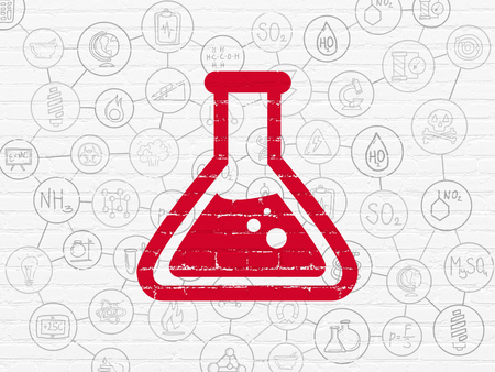 Science concept: Painted red Flask icon on White Brick wall background with Scheme Of Hand Drawn Science Iconsの写真素材