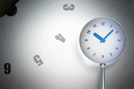 Time concept: magnifying optical glass with Clock icon on digital background, empty copyspace for...