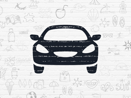 Vacation concept: Painted black Car icon on White Brick wall background with  Hand Drawn Vacation Iconsの写真素材