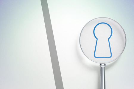 Data concept: magnifying optical glass with Keyhole icon on digital background, empty copyspace for...