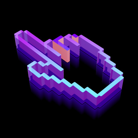 Web development icon: 3d neon glowing Mouse Cursor made of glass with reflection on Black backgroundのイラスト素材