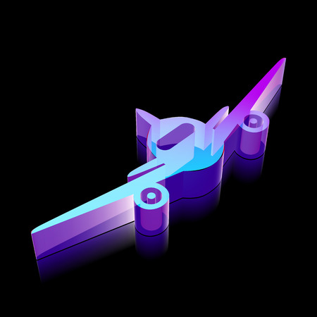 Travel icon: 3d neon glowing Aircraft made of glass with reflection on Black backgroundのイラスト素材