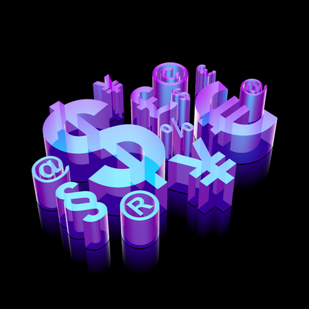 Business icon: 3d neon glowing Finance Symbol made of glass with reflection on Black backgroundのイラスト素材