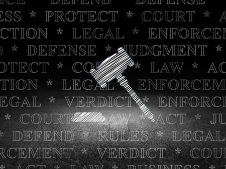 Law concept: Glowing Gavel icon in grunge dark room with Dirty Floor, black background with  Tag...