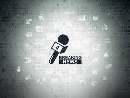 News concept: Painted black Breaking News And Microphone icon on Digital Data Paper background with  Hand Drawn News Iconsの写真素材