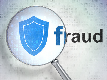 Security concept: magnifying optical glass with Shield icon and Fraud word on digital background, 3D renderingの写真素材