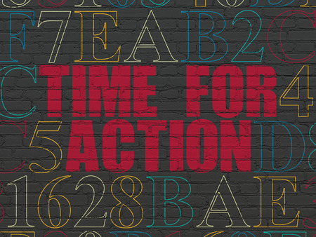 Time concept: Painted red text Time for Action on Black Brick wall background with Hexadecimal Codeの写真素材