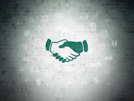 Business concept: Painted green Handshake icon on Digital Data Paper background with  Hand Drawn Business Iconsの写真素材