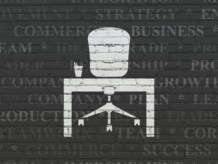 Finance concept: Painted white Office icon on Black Brick wall background with  Tag Cloudの写真素材