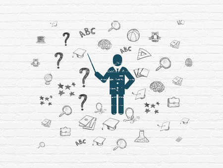 Learning concept: Painted blue Teacher icon on White Brick wall background with  Hand Drawn Education Iconsの写真素材