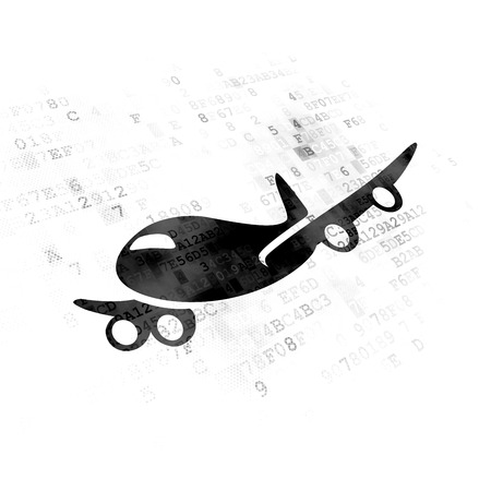 Tourism concept: Pixelated black Airplane icon on Digital backgroundの写真素材