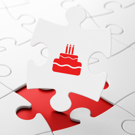 Entertainment, concept: Cake on White puzzle pieces background, 3D renderingの写真素材