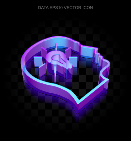 Data icon: 3d neon glowing Head With Lightbulb made of glass with transparent shadow on black background, EPS 10 vector illustration.のイラスト素材