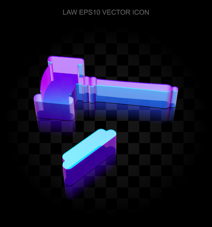 Law icon: 3d neon glowing Gavel made of glass with transparent shadow on black backgroundのイラスト素材