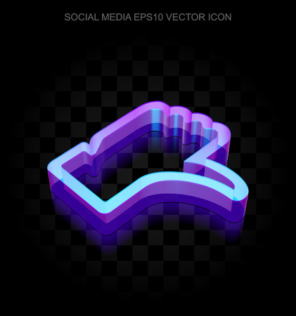 Social network icon: 3d neon glowing Thumb Down made of glass with transparent shadow on black background, EPS 10 vector illustration.のイラスト素材