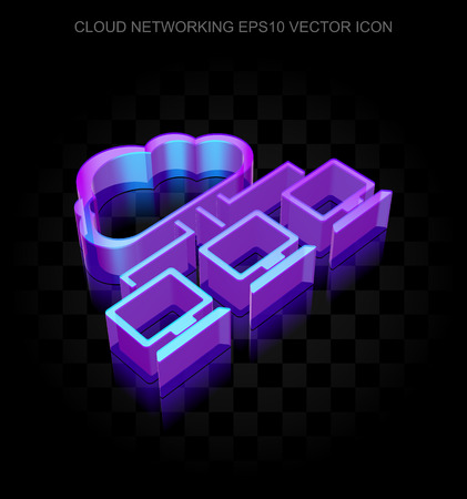 Cloud networking icon: 3d neon glowing Cloud Network made of glass with transparent shadow on black background, EPS 10 vector illustration.のイラスト素材