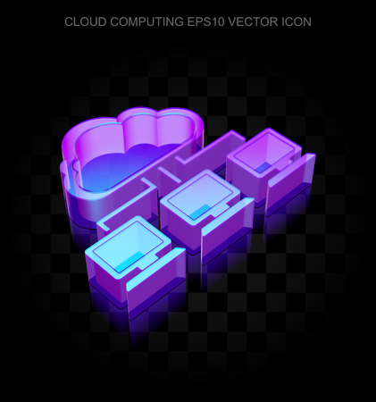 Cloud technology icon: 3d neon glowing Cloud Network made of glass with transparent shadow on black background, EPS 10 vector illustration.のイラスト素材