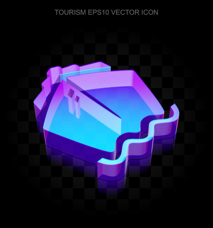 Vacation icon: 3d neon glowing Ship made of glass with transparent shadow on black background, EPS 10 vector illustration.のイラスト素材