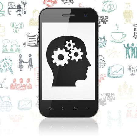 Finance concept: Smartphone with  black Head With Gears icon on display,  Hand Drawn Business Icons background, 3D renderingの写真素材