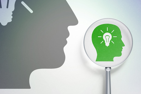 Finance concept: magnifying optical glass with Head With Light Bulb icon on digital background, empty copyspace for card, text, advertising, 3D renderingの写真素材