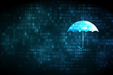 Safety concept: pixelated Umbrella icon on digital background, empty copyspace for card, text, advertisingの写真素材