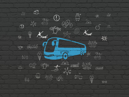 Tourism concept: Painted blue Bus icon on Black Brick wall background with  Hand Drawn Vacation Iconsの写真素材