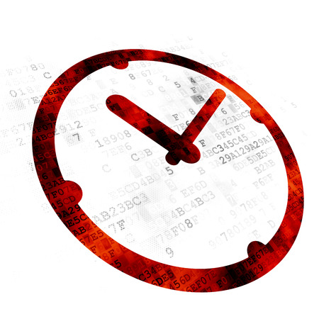 Time concept: Pixelated red Clock icon on Digital background
