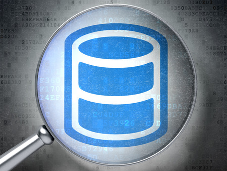 Database concept: magnifying optical glass with Database icon on digital background, 3D rendering