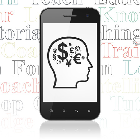 Learning concept: Smartphone with  black Head With Finance Symbol icon on display,  Tag Cloud background, 3D renderingの写真素材