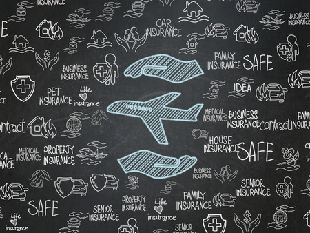 Insurance concept: Chalk Blue Airplane And Palm icon on School board background with  Hand Drawn Insurance Icons, School Boardの写真素材