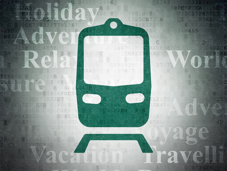 Travel concept: Painted green Train icon on Digital Data Paper background with  Tag Cloudの写真素材