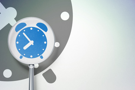 Timeline concept: magnifying optical glass with Alarm Clock icon on digital background, empty...