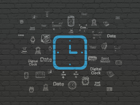 Timeline concept: Painted blue Watch icon on Black Brick wall background with  Hand Drawing Time Iconsの写真素材