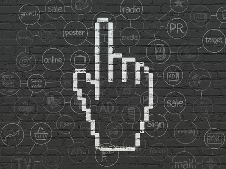 Advertising concept: Painted white Mouse Cursor icon on Black Brick wall background with Scheme Of Hand Drawn Marketing Iconsの写真素材