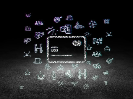 Finance concept: Glowing Credit Card icon in grunge dark room with Dirty Floor, black background with  Hand Drawn Business Iconsの写真素材