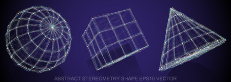 Set of Abstract stereometry shape: Multicolor sketched Sphere, Cube, Cone with Reflection. Hand...