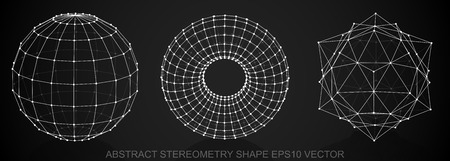 Set of Abstract stereometry shape: White sketched Sphere, Torus, Octahedron with Reflection. Hand drawn 3D polygonal objects.   vector illustration.のイラスト素材