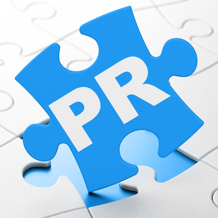 Advertising concept: PR on Blue puzzle pieces background, 3D renderingの写真素材