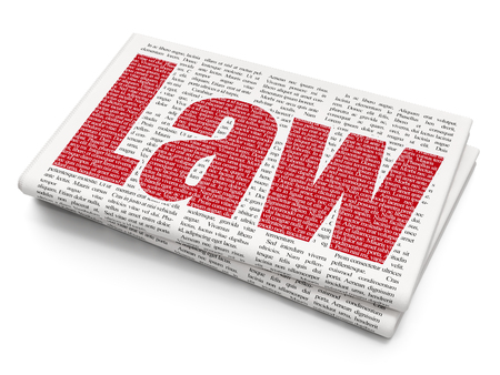 Law concept: Pixelated red text Law on Newspaper background, 3D renderingの写真素材