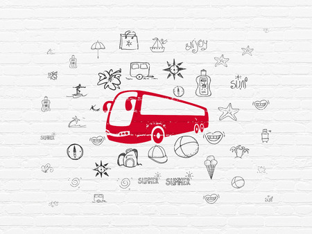 Tourism concept: Painted red Bus icon on White Brick wall background with  Hand Drawn Vacation Iconsの写真素材