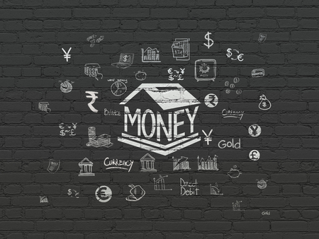 Money concept: Painted white Money Box icon on Black Brick wall background with  Hand Drawn Finance Iconsの写真素材