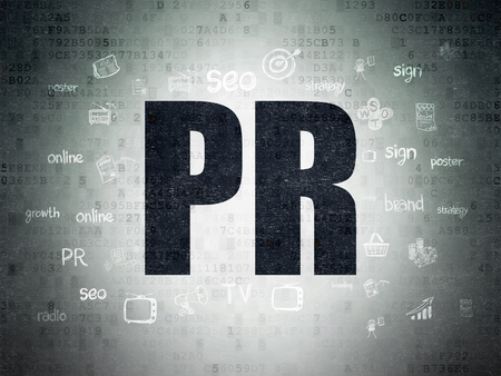 Marketing concept: Painted black text PR on Digital Data Paper background with  Hand Drawn Marketing Iconsの写真素材