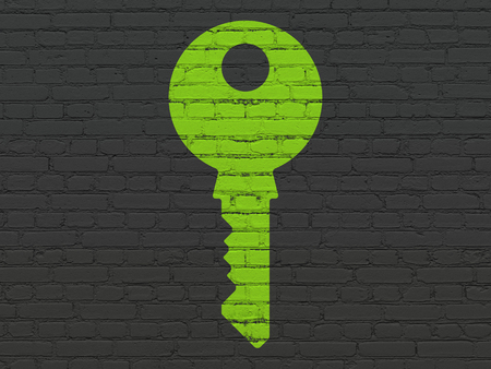 Security concept: Painted green Key icon on Black Brick wall backgroundの写真素材